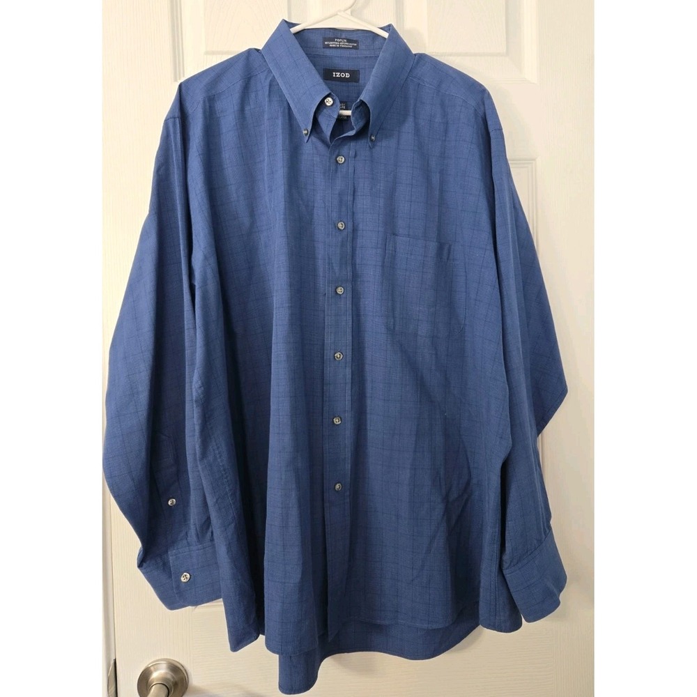 IZOD Mens Regular Fit Wrinkle Free Twill Blue Plaid Button Down Shirt 17.5 34/35